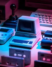 Retro computer and keyboard, gameboy and joystick on a table.