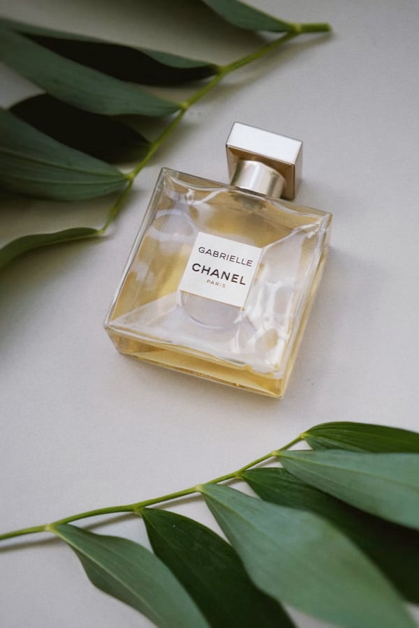 Chanel perfume on the table, two green leaves